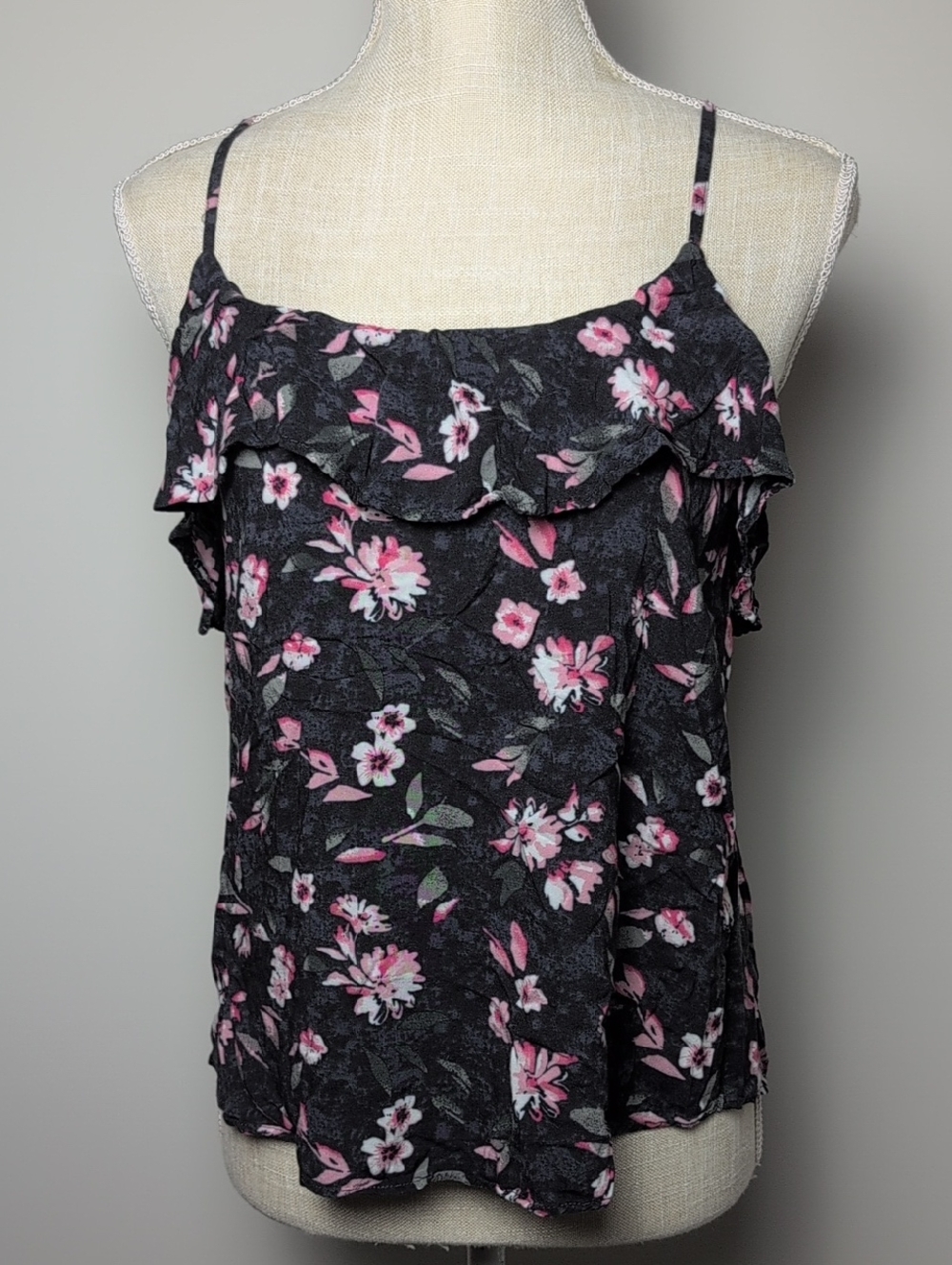 American Eagle Outfitters Black Floral Ruffle Cami with Pink Blooms